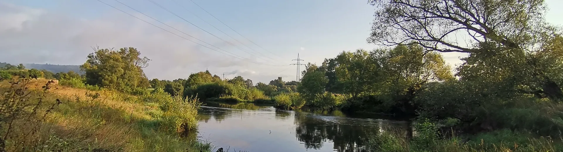 Die Lahn auf der Höhe von Gisselberg, umgeben von dichten Bäumen und Büschen. Verteilseite Umwelt & Klima, Gisselberg Lahn-Renaurierung