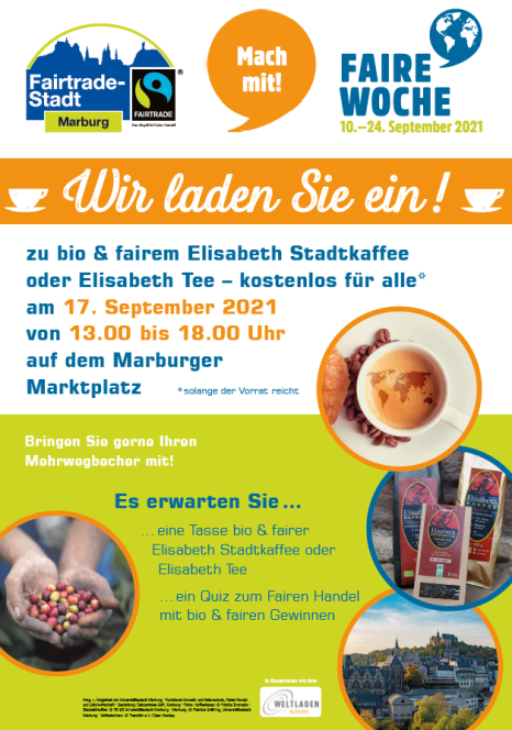 Aktion in der Fairen Woche 2021:
Am 17.09.2021 lädt die Fairtrade-Stadt Marburg ein zur Fairen Kaffeepause. © Universitätsstadt Marburg