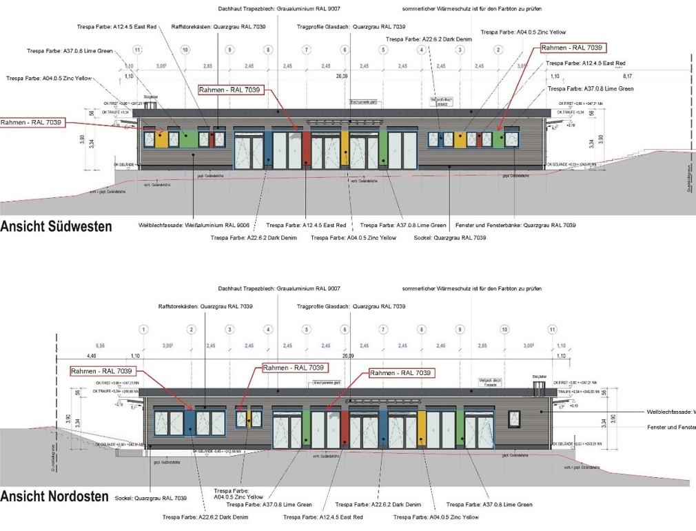 Die Grafik zeigt die Ansicht auf den Interimsbau von Südwesten und Nordosten.