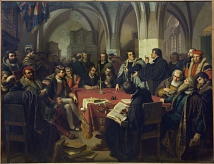 Gemälde August Noack: Das Marburger Religionsgespräch von 1868 mit den Teilnehmern im Ambiente des Fürstensaals Landgrafenschloss