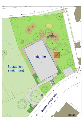 Die Grafik zeigt die Außenanlage mit dem geplanten Interimsbau auf dem Grundstück an der Reinhardswaldstraße.