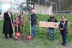 Gruppenfoto mit Oberbürgermeister und weiteren Personen während sie einen Baum einpflanzen © Sebastian Reichel, i.A.d. Stadt Marburg