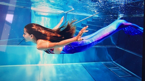 Beim Meerjungfrauschwimmen im AquaMar erhalten die Teilnehmenden eine Flosse, um wie Arielle oder Neptun durchs Wasser gleiten zu können. © Schwimmschule Bavaria