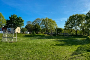 Bolzplatz an der Reinhardswaldstraße in Cappel Bolzplatz in Cappel: Wiese mit zwei Toren aus Metall