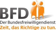 Das Logo zum Bundesfreiwilligendienst, in Gr0ßbuchstaben BFD, daneben zwei stilisierte Figuren, darunter der Text Der Bundesfreiwilligendienst, Zeit das Richtige zu tun.