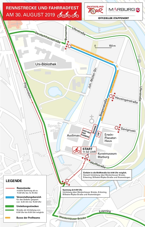 Diese Karte mit ausführlichen Informationen hat die Stadt auch schon an die direkten Anlieger*innen und Anwohner*innen der gesperrten Straßen verteilt. © Stadt Marburg