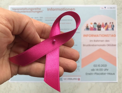 Die rosafarbene Schleife ist ein internationales Symbol zur Sensibilisierung für Brustkrebs und zum Ausdruck der Solidarität mit an Brustkrebs erkrankten Frauen. © Simone Batz, Stadt Marburg