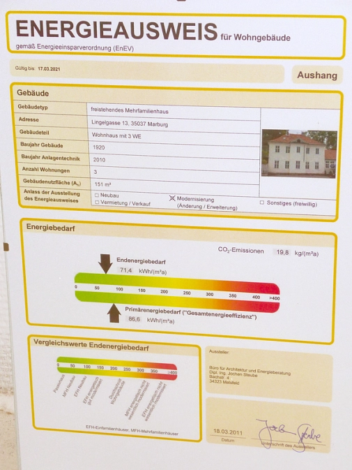 Energieausweis nach der Sanierung von Lingelgasse 13a Energieausweis nach der Sanierung von Lingelgasse 13a © Universitätsstadt Marburg