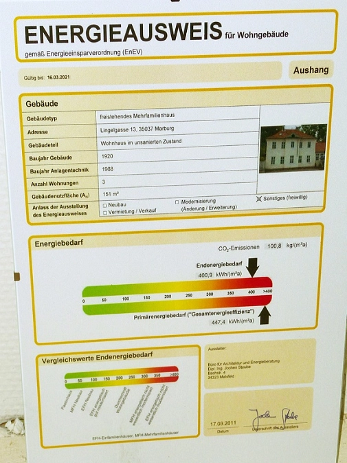 Energieausweis vor der Sanierung von Lingelgasse 13a Energieausweis vor der Sanierung von Lingelgasse 13a © Universitätsstadt Marburg
