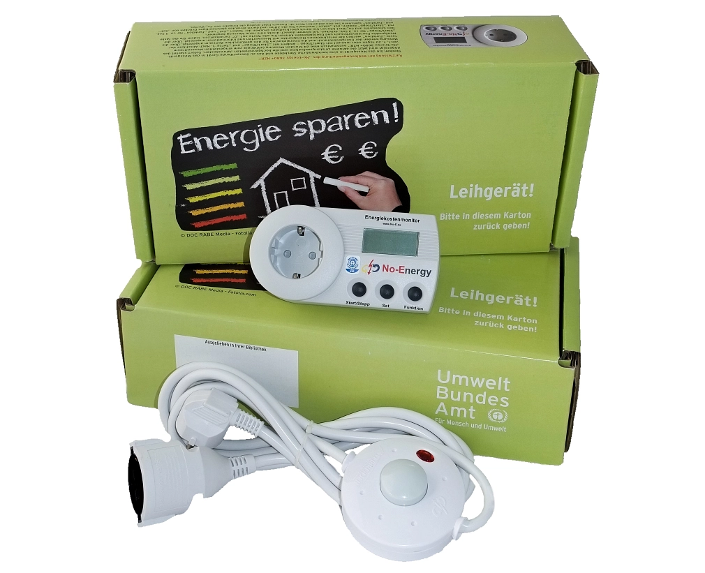 Energiesparpaket der Stadtbücherei Das Paket enthält ein Strommessgerät, ein Verlängerungskabel und eine ausführliche Bedienungsanleitung. © No-Energy-Stiftung für Klimaschutz und Ressourceneffizienz