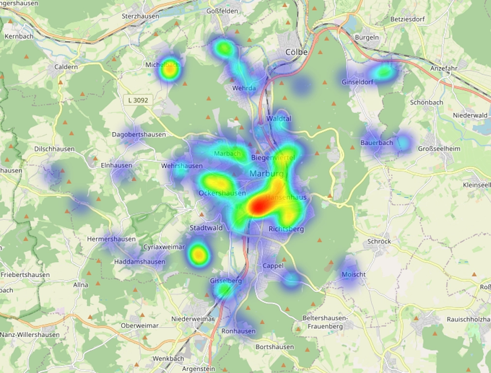 Diese Heatmap visualisiert den Befall des Eichenprozessionsspinners in der Stadt Marburg.
