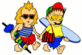 2 coole Kids auf dem Weg zum Strand mit Sonnen- und Taucherbrille, Sonnenschirm und Surfbrett, als Comic gezeichnet © Universitätsstadt Marburg