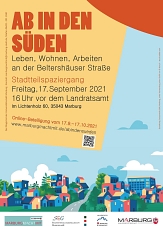 Flyer "Ab in den Süden" Stadtteilspaziergang 17. Sept. 2021, Seite 1 © Universitätsstadt Marburg