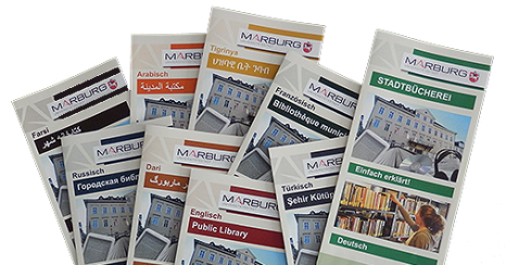 Flyer über die Angebote der Stadtbücherei in verschiedenen Sprachen. © Universitätsstadt Marburg