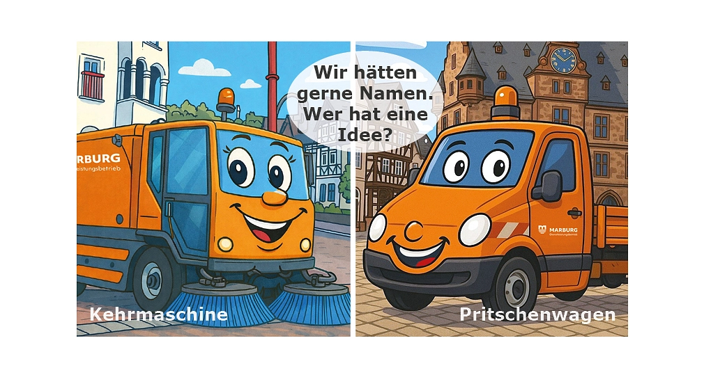 Fotodoppel für Homepage.jpg Auf dem Bild sind je ein Cartoon von einer kleinen Kehrmaschine für Fuß- und Radwege und einer Pritsche. © DBM, Sonja Stender