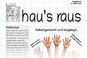 Die Titelseite von hau’s raus Nummer 3. Neben dem Header sieht man eine Hand, deren Fingerenden wieder Hände sind - muss wohl eine Fotomontage sein.