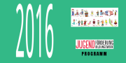 Die Zahl 2016 mit zahlreichen Comicfiguren, die die Vielfalt der Angebote von Jugendbildungswerk und Jugendförderung repräsentieren. Außerdem das Logo von Jugendförderung und Jugendbildungswerk.