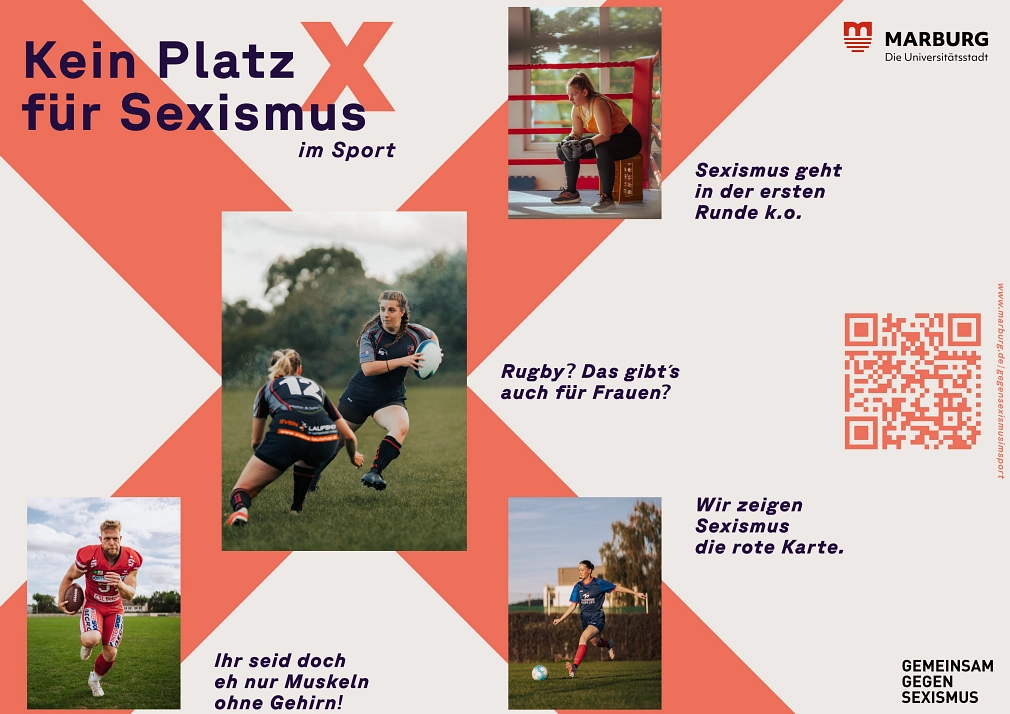 Kampagne KPFS 2024 Verschiedene Motive der Kampagen Kein Platz für Sexismus im Sport. Fußballplatz, Rugbyfeld, Boxring. © Universitätsstadt Marburg