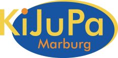 Das Kijupa-Logo, ein blaues Oval mit gelber und oranger Schrift: KiJuPa Marburg © Universitätsstadt Marburg
