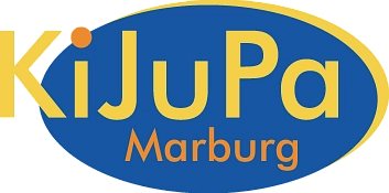 Das Kijupa-Logo, ein blaues Oval mit gelber und oranger Schrift: KiJuPa Marburg&nbsp;&copy;&nbsp;Universitätsstadt Marburg