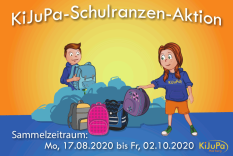 Ein Werbebild für die Schulranzen Aktion auf dem zwei Kinder Schulranzen sammeln. © KiJuPa Marburg