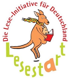 Logo der bundesweiten Lese-Initiative "Lesestart" mit einem hüpfenden Känguru, das ein Buch liest. © Stiftung Lesen