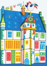 Die Postkarte von Maribel mit dem Rathaus und dem Gockel, gemalt. © Universitätsstadt Marburg
