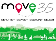 Mobilitäts- und Verkehrskonzept MoVe 35: Grafik mit Silhouette von Marburg und Menschen in Bewegung. © Universitätsstadt Marburg