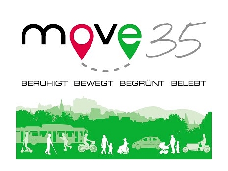 Mobilitäts- und Verkehrskonzept MoVe 35: Grafik mit Silhouette von Marburg und Menschen in Bewegung. © Universitätsstadt Marburg