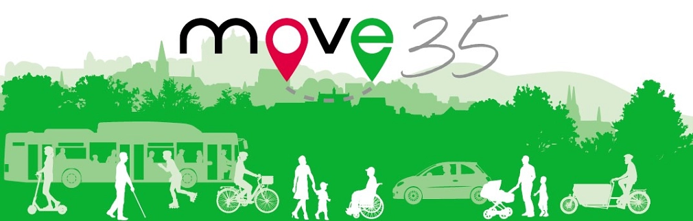 Mobilitäts- und Verkehrskonzept MoVe 35: Grafik mit Silhouette von Marburg und Menschen in Bewegung.&nbsp;&copy;&nbsp;MR Media i. A. d. Universitätsstadt Marburg