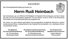 Nachruf Rudi Heimbach © Universitätsstadt Marburg