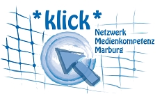 Das Logo besteht aus dem Schriftzug klick Netzwerk Medienkompetenz Marburg auf einem angedeuteten Netz, in dem außerdem in der Mitte ein Punkt mit einem Pfeil gezeichnet ist. © Stadt Marburg