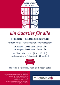 Mit diesem Flyer wirbt die Universitätsstadt für die Aktion Rotes Sofa im Rahmen des Zukunftskonzeptes Oberstadt. © Universitätsstadt Marburg