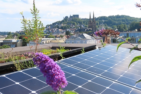 Solarmodule auf einem Dach, im Hintergrund die Marburger Oberstadt und das Schloss. © Tatjana Veith, Stadt Marburg