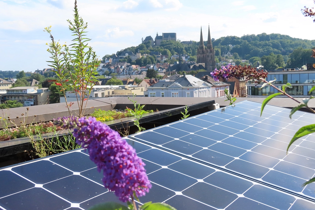 Photovoltaikanlagen für den Klimaschutz Solarmodule auf einem Dach, im Hintergrund die Marburger Oberstadt und das Schloss. © Tatjana Veith, Stadt Marburg