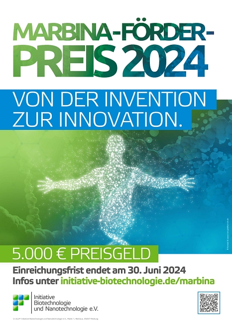 Plakat, das die Ausschreibung und den Bewerbungsschluss des MarBiNa Förderpreises für 2024 anzeigt. Bewerbungsschluss ist der 30. Juni. © GOLDfisch ART Marburg, i.A.d. Initiative Biotechnologie und Nanotechnologie