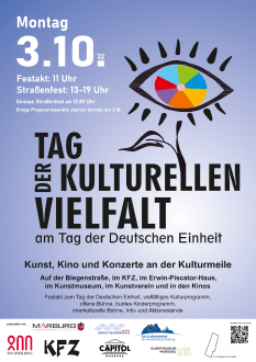 Das Plakat des Tages der kulturellen Vielfalt am Tag der Deutschen Einheit 2022.
Festakt 11 Uhr
Straßenfest 13-19 Uhr. © KFZ im Auftrag der Stadt Marburg
