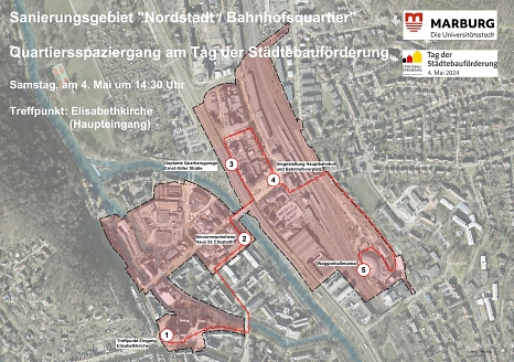 Das Bild zeigt die Karte des Quartierspaziergangs am Tag der Städtebauförderung am 4. Mai 2024 © Fachdienst Stadtplanung und Denkmalschutz, Universitätsstadt Marburg