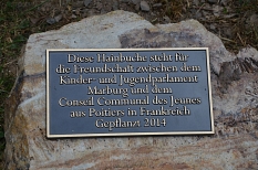 Ein Symbol der Freundschaft: Die Tafel für die Hainbuche am Friedensplatz in Weidenhausen © Universitätsstadt Marburg