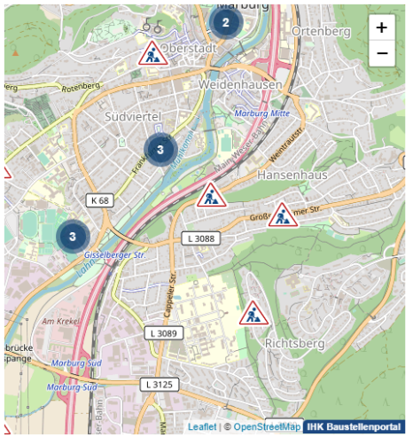 Screenshot einer interaktiven Karte, die aktuelle Baustellen in Marburg zeigt.