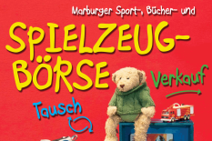 Ein Ausschnitt des Plakats zur Spielzeugbörse, ein Teddy sitzt auf einer Spielzeugküche. © Universitätsstadt Marburg