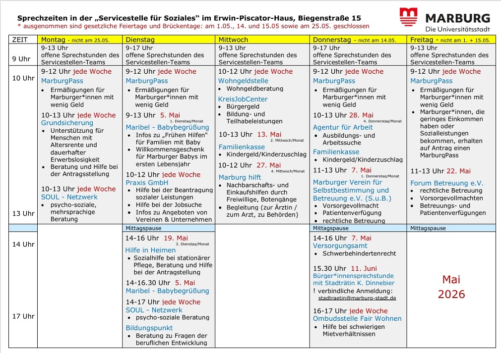 Sprechzeiten in der Servicestelle für Soziales Sprechzeiten in der Servicestelle für Soziales