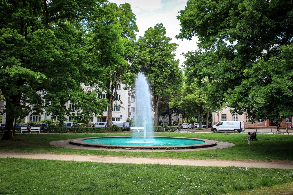 Am Friedrichsplatz in der Innenstadt: in der Mitte die Fontäne und die Grünanlage. Umrahmt von hohen sattgrünen Bäumen.&nbsp;&copy;&nbsp;Dennis Siepmann, Stadt Marburg