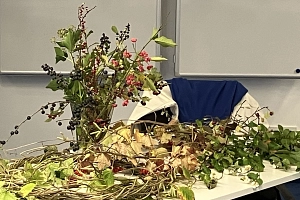 Tisch dekoriert mit Ästen und Blättern, dazwischen eine Vase mit einem herbstlichen Strauß mit beerentragenden Ästen