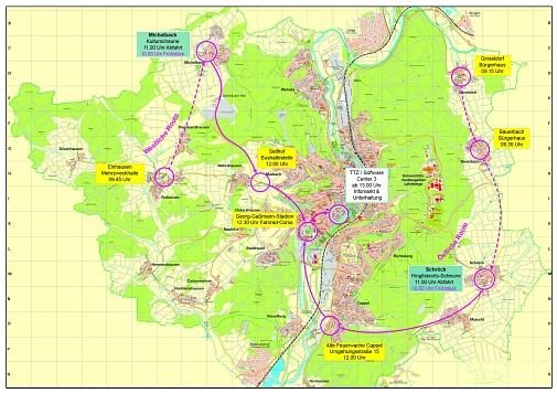 Kartografische Darstellung des Streckenverlaufs der Sternfahrt beim tag der Mobilität 2026.&nbsp;&copy;&nbsp;Universitätsstadt Marburg