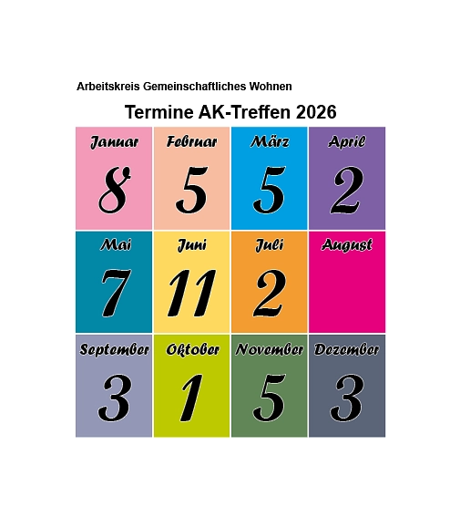 Termine des Arbeitskreises für gemeinschaftliches Wohnen 2026

08. Januar
05. Februar
05. März
02. April
07. Mai
11. Juni
02. Juli
03. September
01. Oktober
05. November
03. Dezember

jeweils donnerstags von 16 bis 17 Uhr im Seminarraum des BiP, Am Grün 16, 35037 Marburg

Kurzfristige Änderungen werden auf der Homepage bekannt gegeben.&nbsp;&copy;&nbsp;Universitätsstadt Marburg