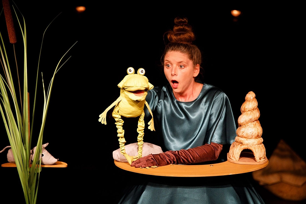 Eine Frau im blauen Kleid sitzt an einem Tisch auf einer Bühne, sie guckt erstaunt. Sie hat einen Frosch als Handpuppe.&nbsp;&copy;&nbsp;Jan Bosch