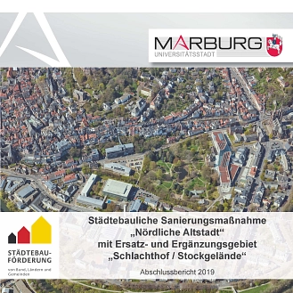 Titelblatt der Abschlussbroschüre: Städtebauliche Sanierungsmaßnahme "Nördliche Altstadt" mit Ersatz- und Ergänzungsgebiet "Schlachthof/Stockgelände"&nbsp;&copy;&nbsp;Universitätsstadt Marburg