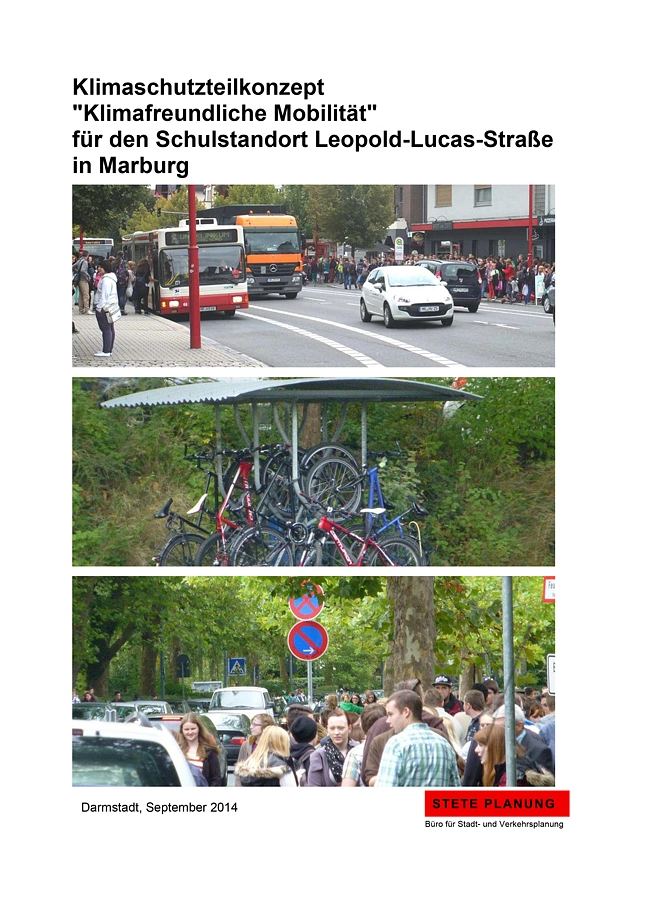 Titelblatt des Abschlussberichts "Klimaschutzteilkonzept "Klimafreundliche Mobilität" für den Schulstandort Leopold-Lucas-Straße in Marburg Titelblatt des Abschlussberichts "Klimaschutzteilkonzept "Klimafreundliche Mobilität" für den Schulstandort Leopold-Lucas-Straße in Marburg © Universitätsstadt Marburg