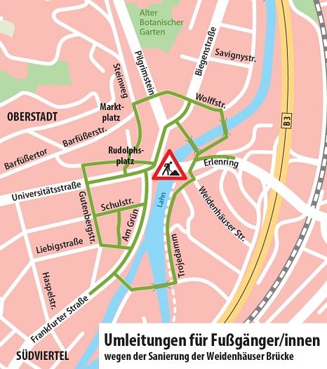 Umleitungen für Fußgänger/innen © Universitätsstadt Marburg